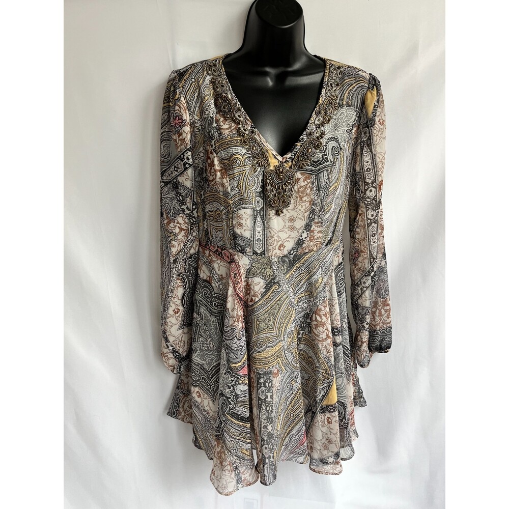 V Christina Y2K Embellished V Neck Paisley Mini Dress Sze S Chiffon Witchy Gypsy